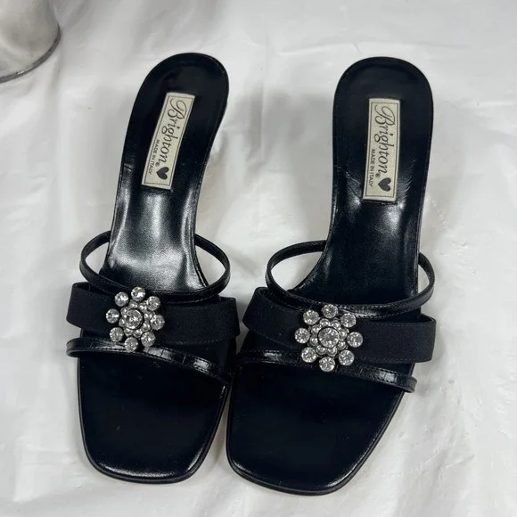 Brighton Shoes Women 8 Black Leather Silver Rhinestone Throne Heel Made Italy - Picture 1 of 16